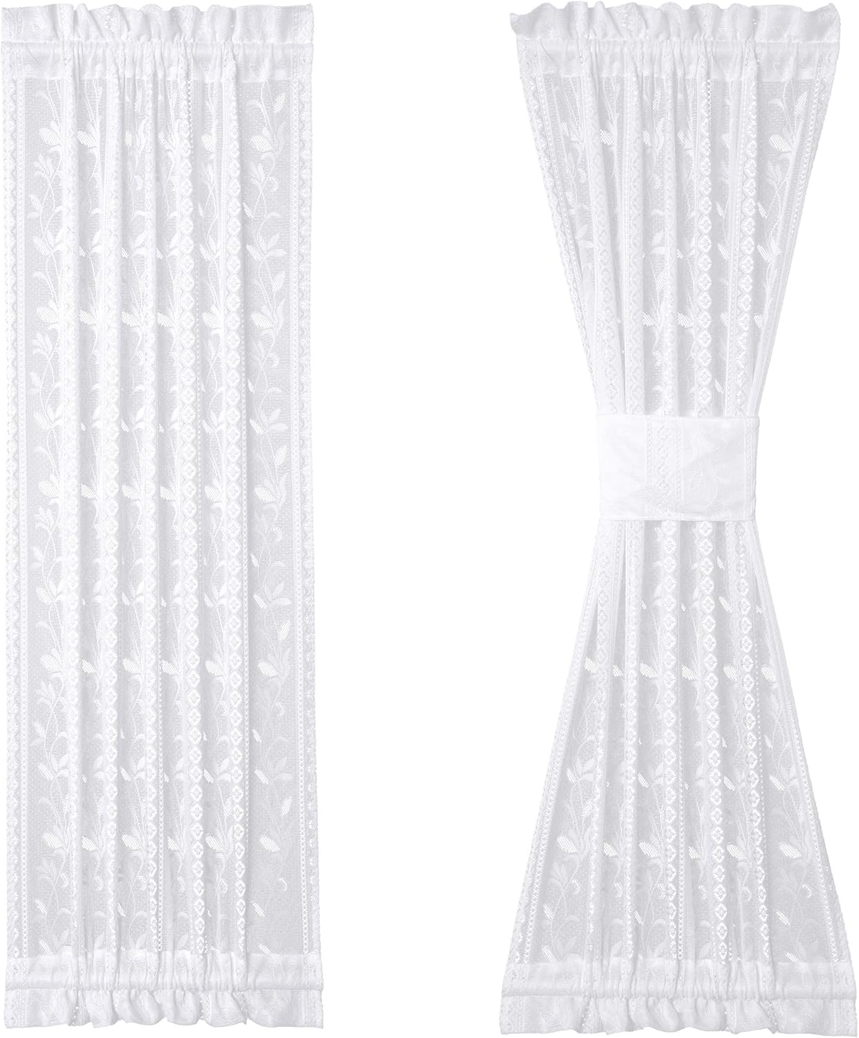 2 Pcs White Lace Boho Floral Curtains with Tie-backs
