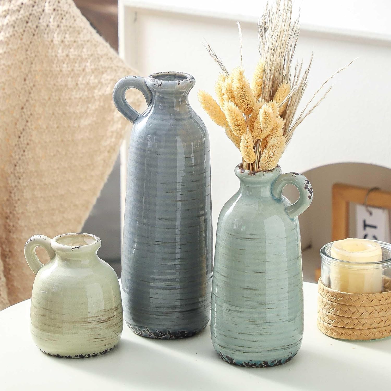 Ceramic Vase Set of 3 Neutral Home Decor with Handle