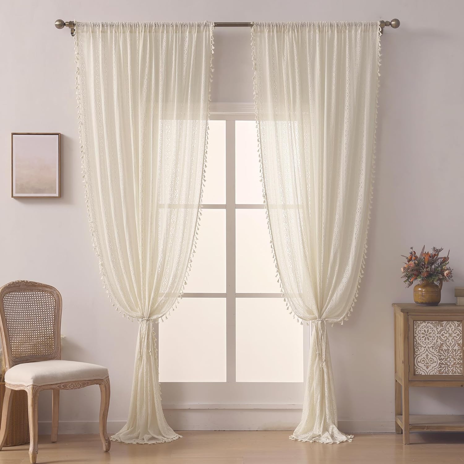 Boho Lace Curtains 96 Inch Long 2 Panel Set Beige