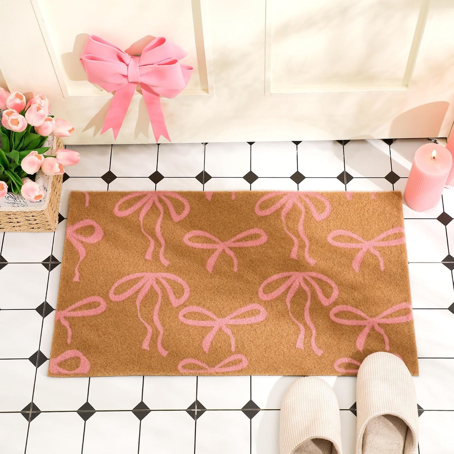 Ceenna Pink Bow Coir Doormat Outdoor Entryway Decor