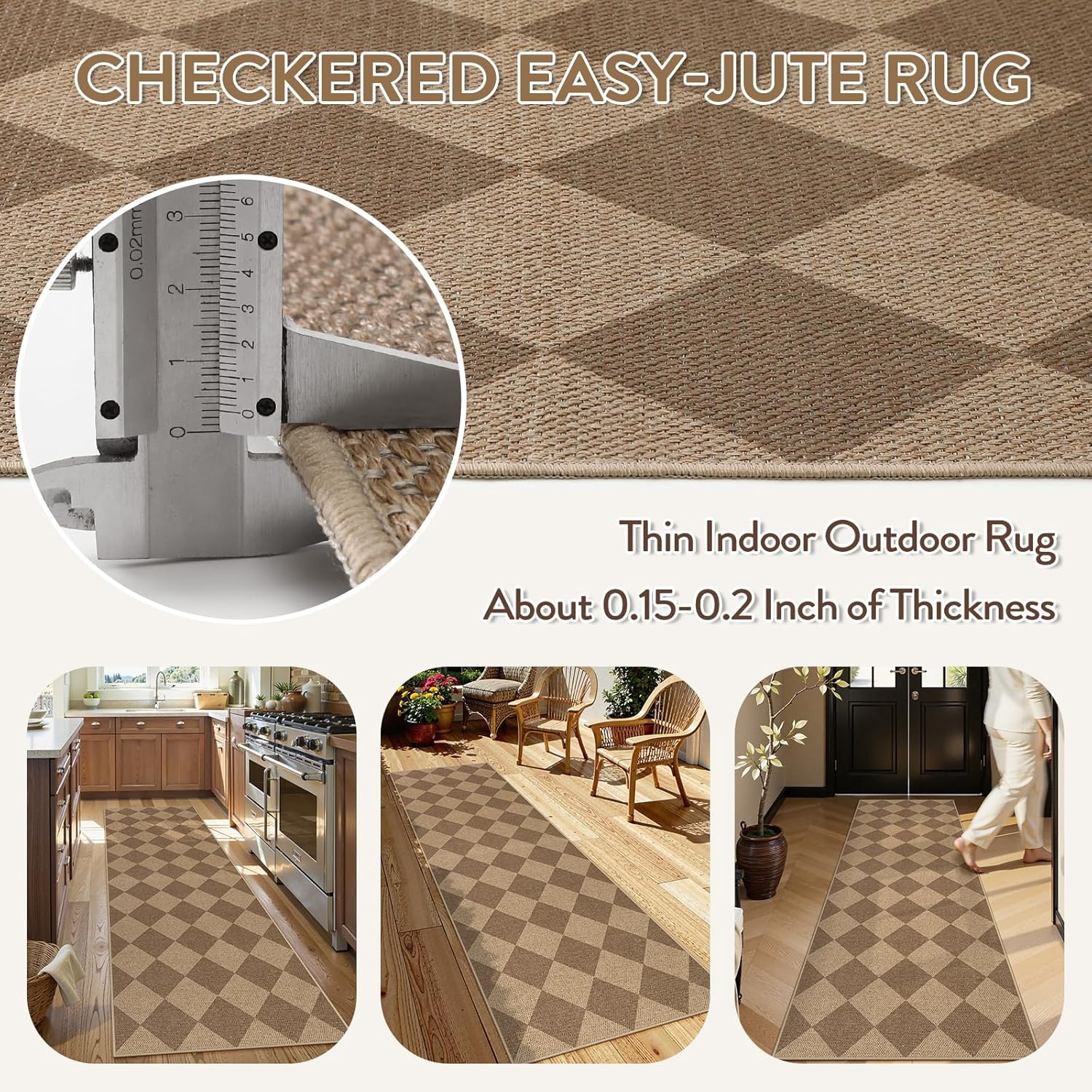 Lahome Checkered Jute Inspired Rug 2x8 Entry Hallway Non Slip Washable