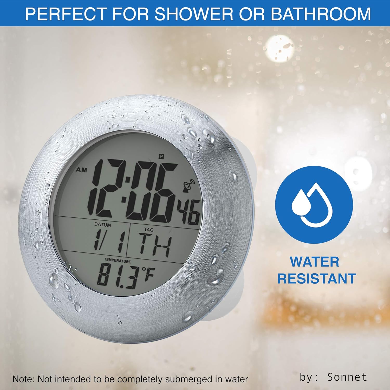 Ken-Tech Sonnet Shower Clock - Digital Time Date Day Temp Display