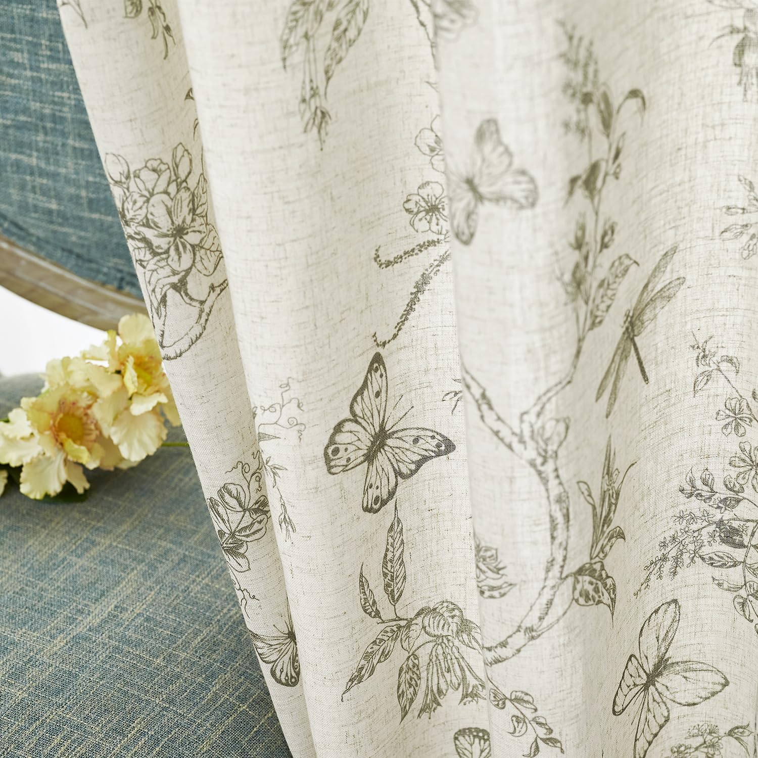 Lazzzy Linen Curtains Green Floral 2 Panels 63 Inch Grommet Top