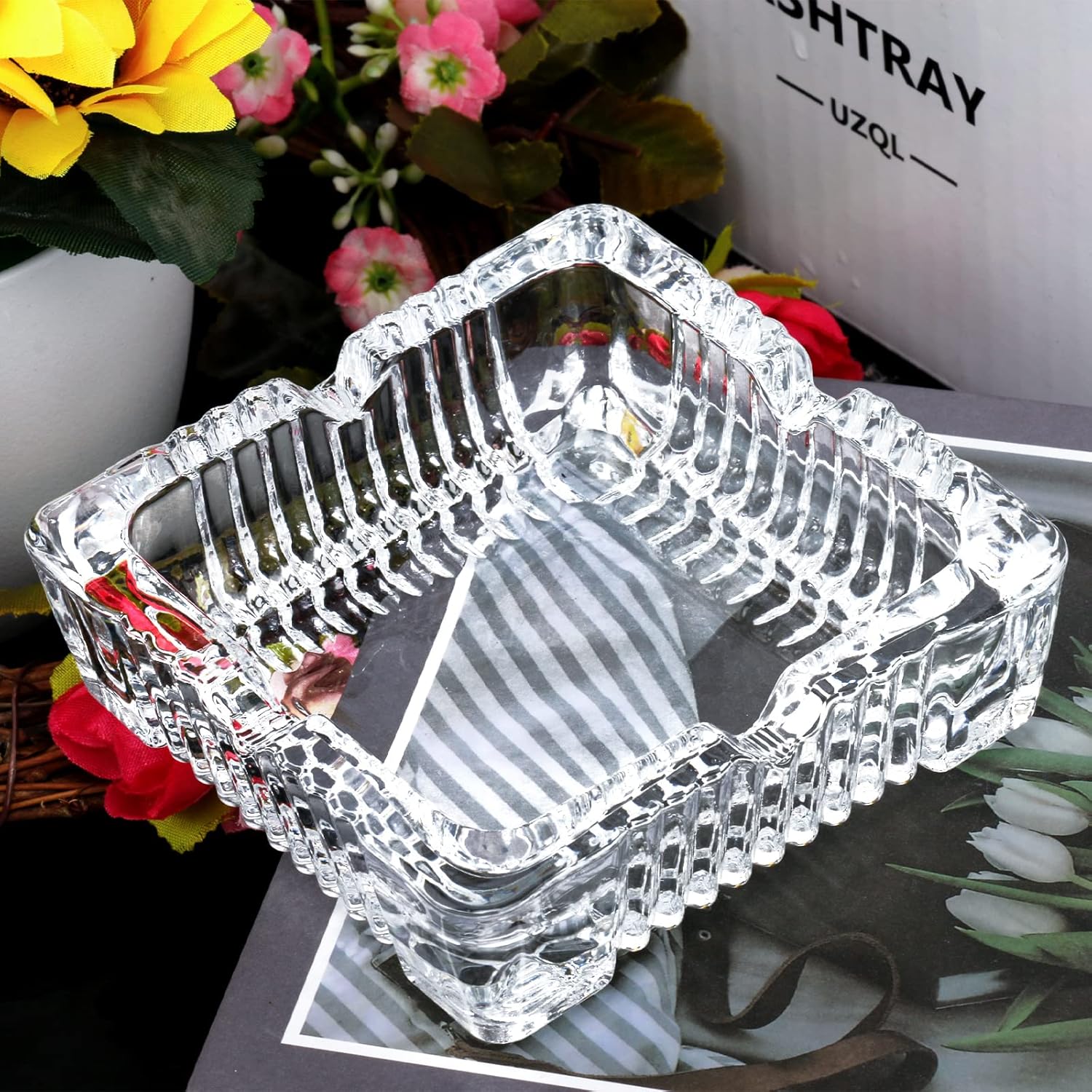 Square Crystal Ashtray with 4 Cigar Grooves