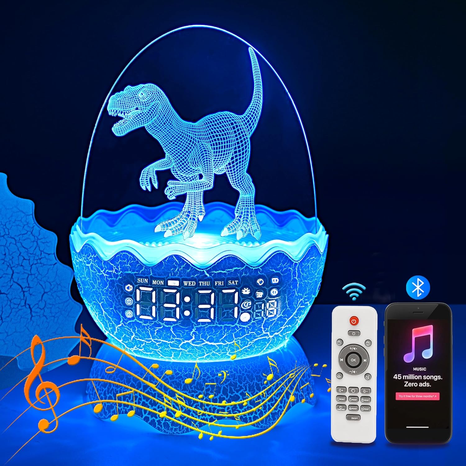 Dinosaur Night Light with Alarm Clock and Bluetooth Speaker