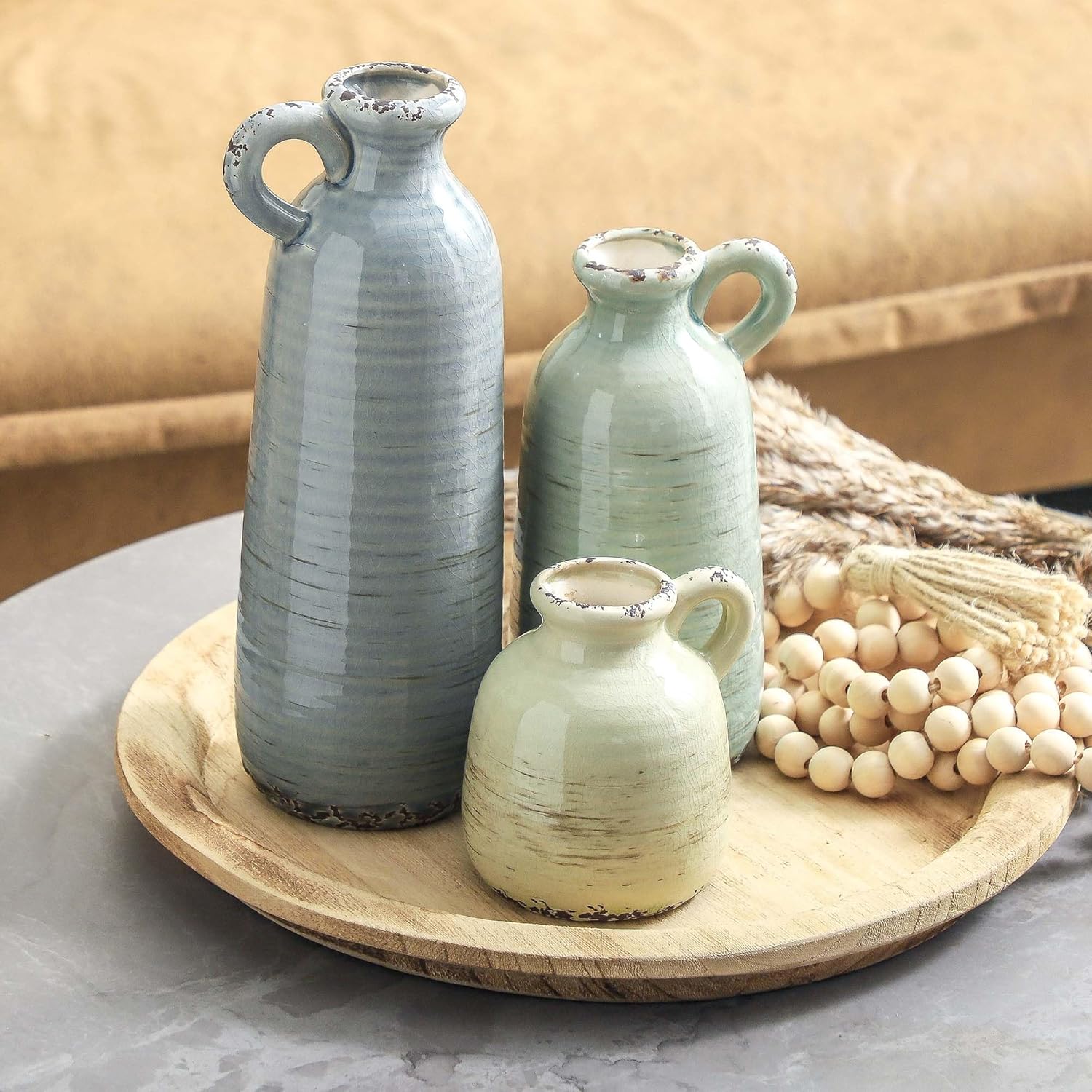 Ceramic Vase Set of 3 Neutral Home Decor with Handle