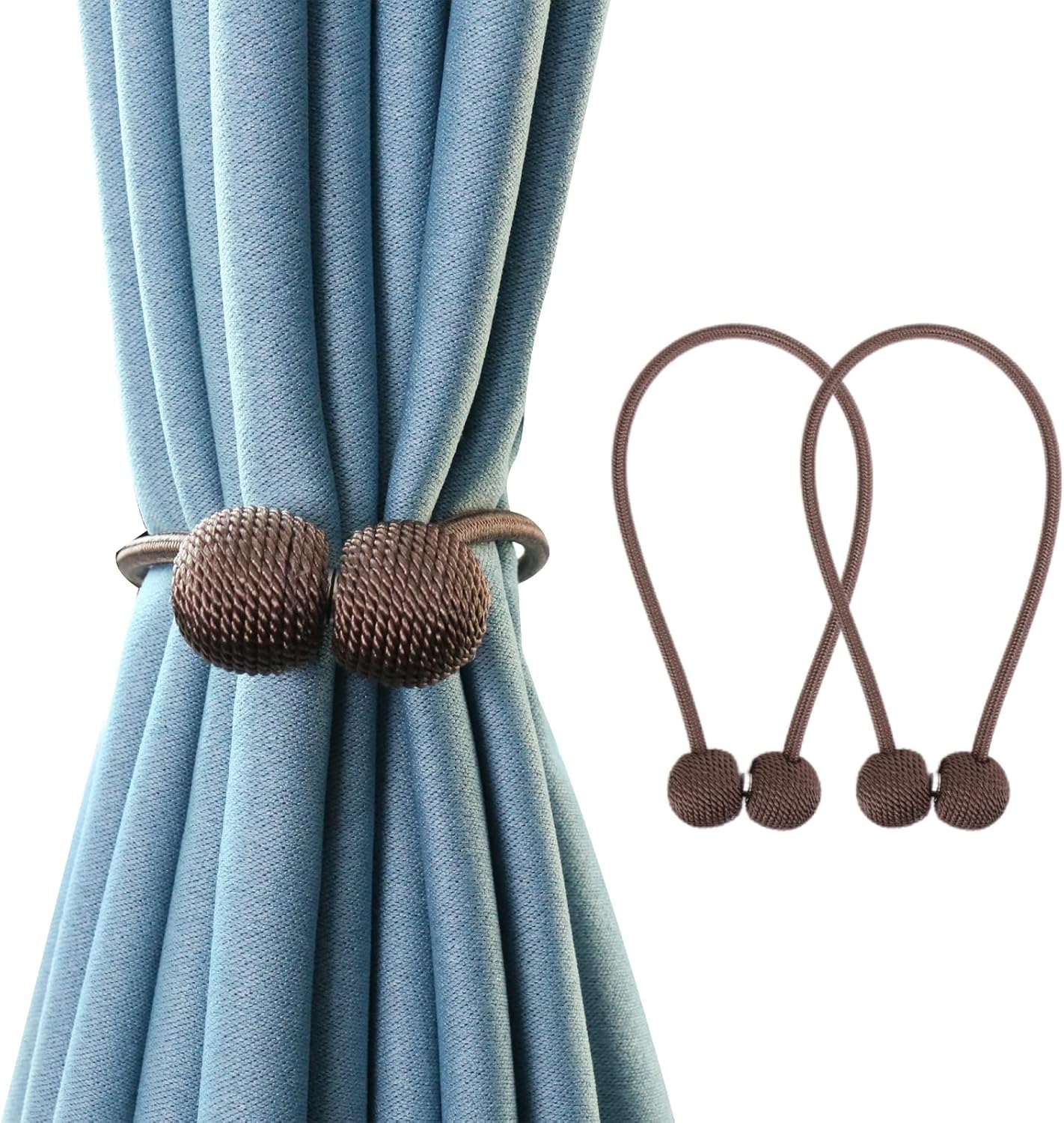 2 PCS Magnetic Curtain Holdbacks with Woven Rope - Brown