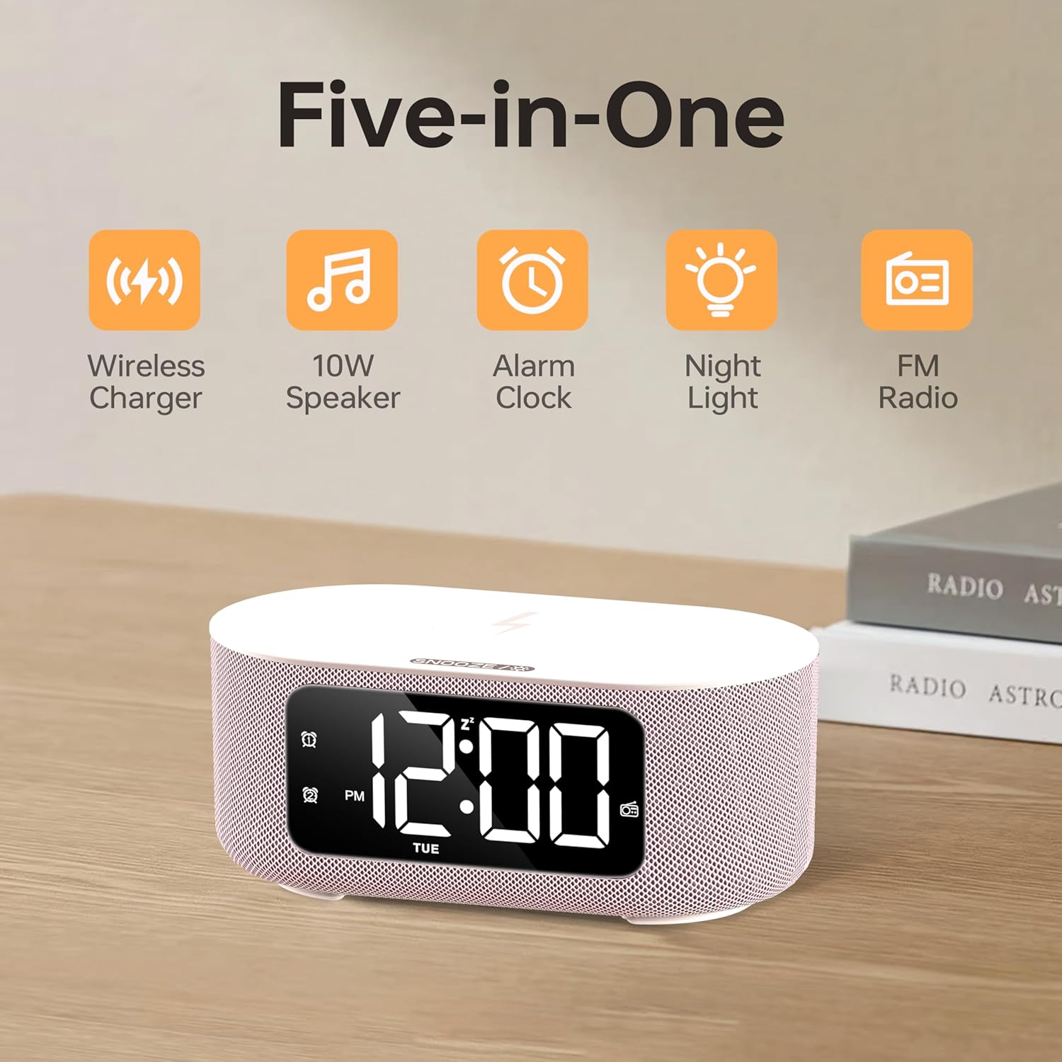 JALL Pink Fabric Alarm Clock with LED Display and Bluetooth Speaker