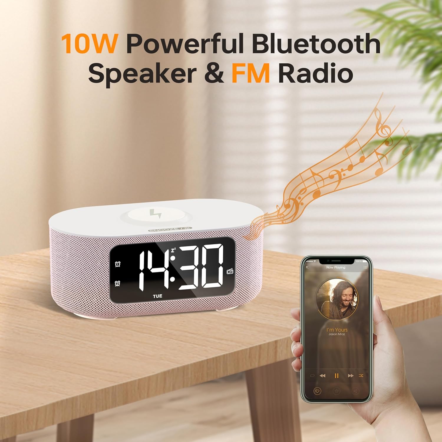 JALL Pink Fabric Alarm Clock with LED Display and Bluetooth Speaker