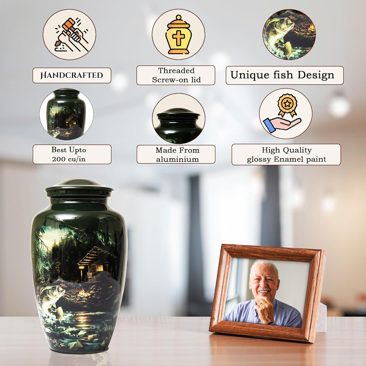 Handcrafted Fishing Urn for Adult Ashes Men Women Memorial