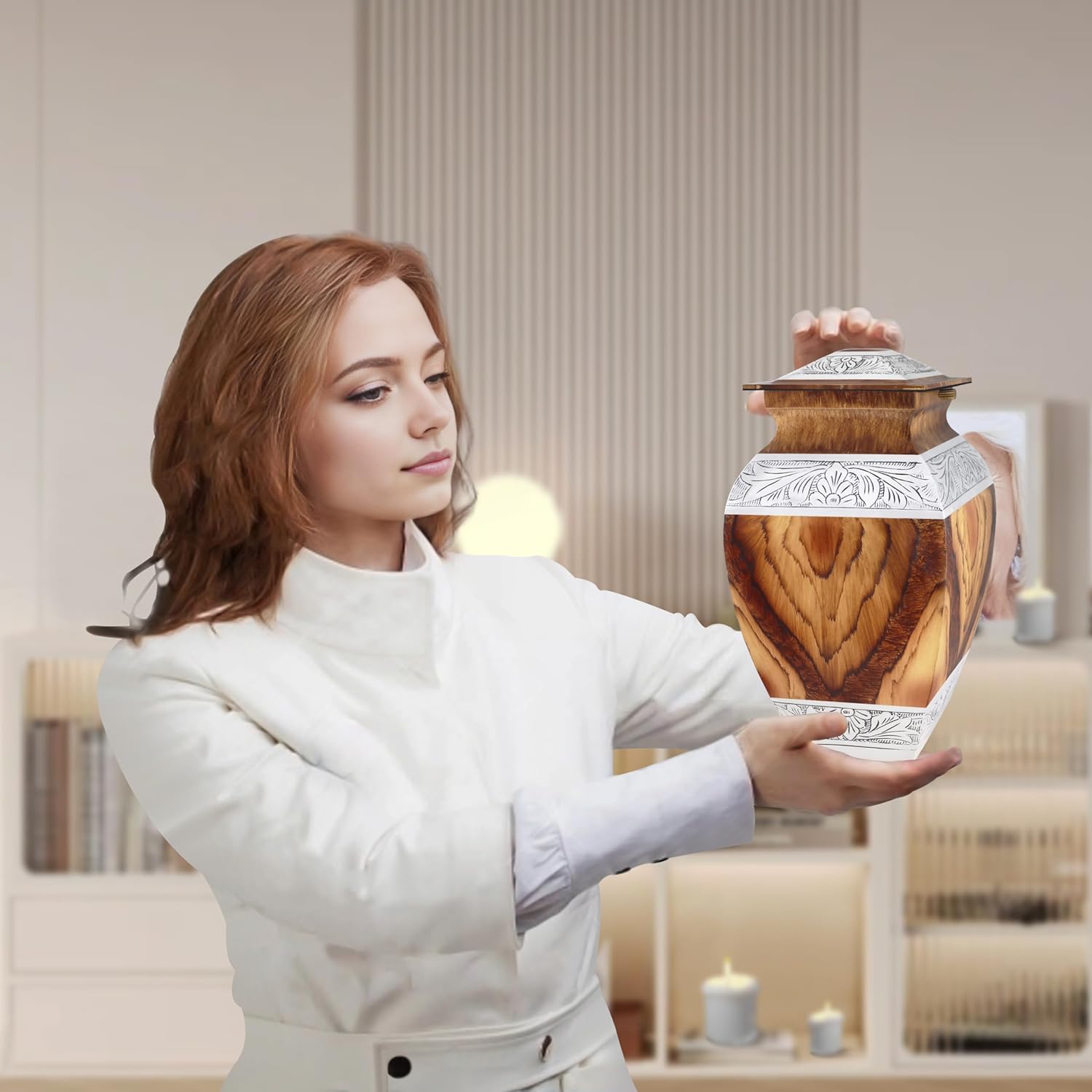 Naniurn Elegant Cremation Urn with Brown Wood Texture and Silver Engraving