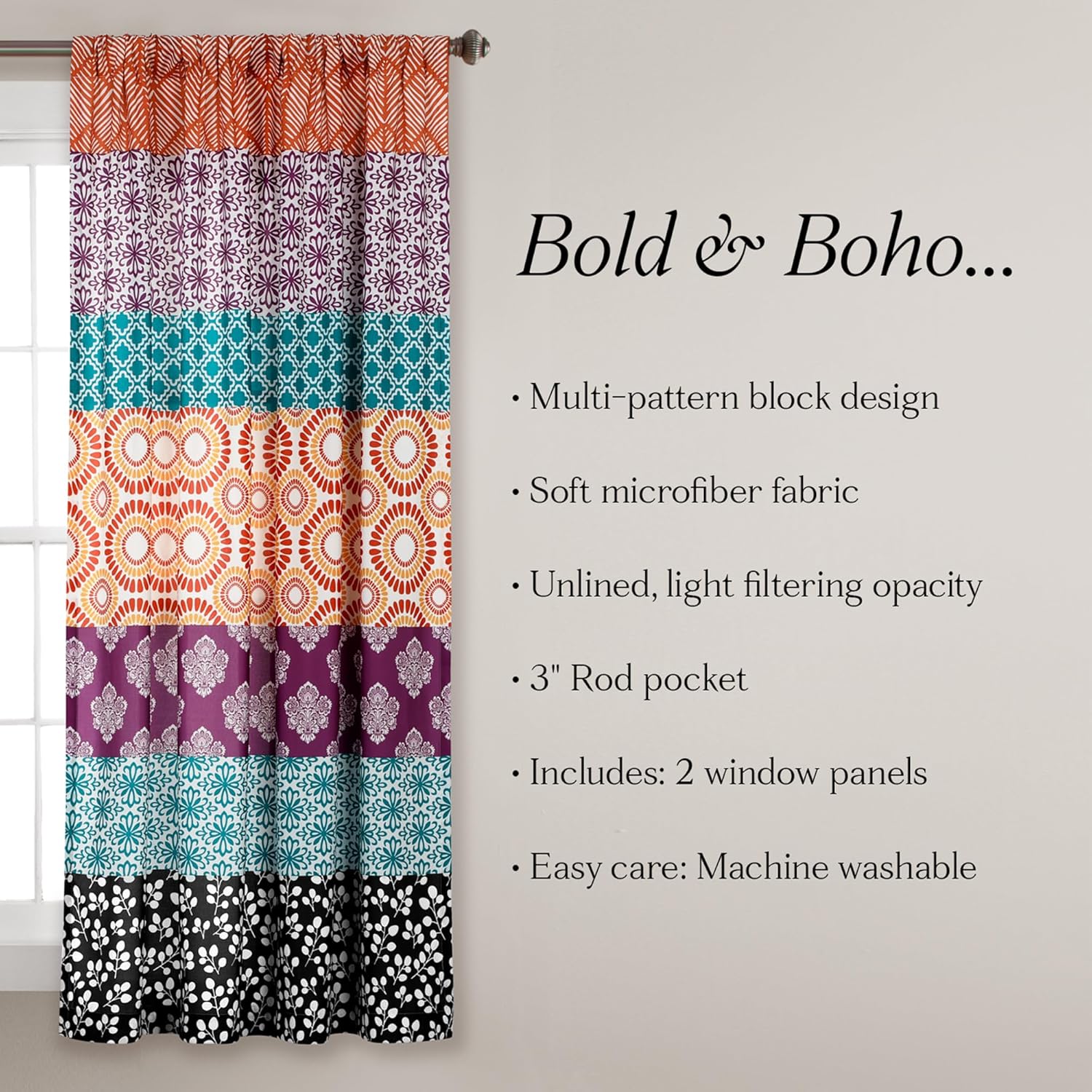 Lush Decor Bohemian Stripe Curtain Panels 52x63 Fuchsia Orange