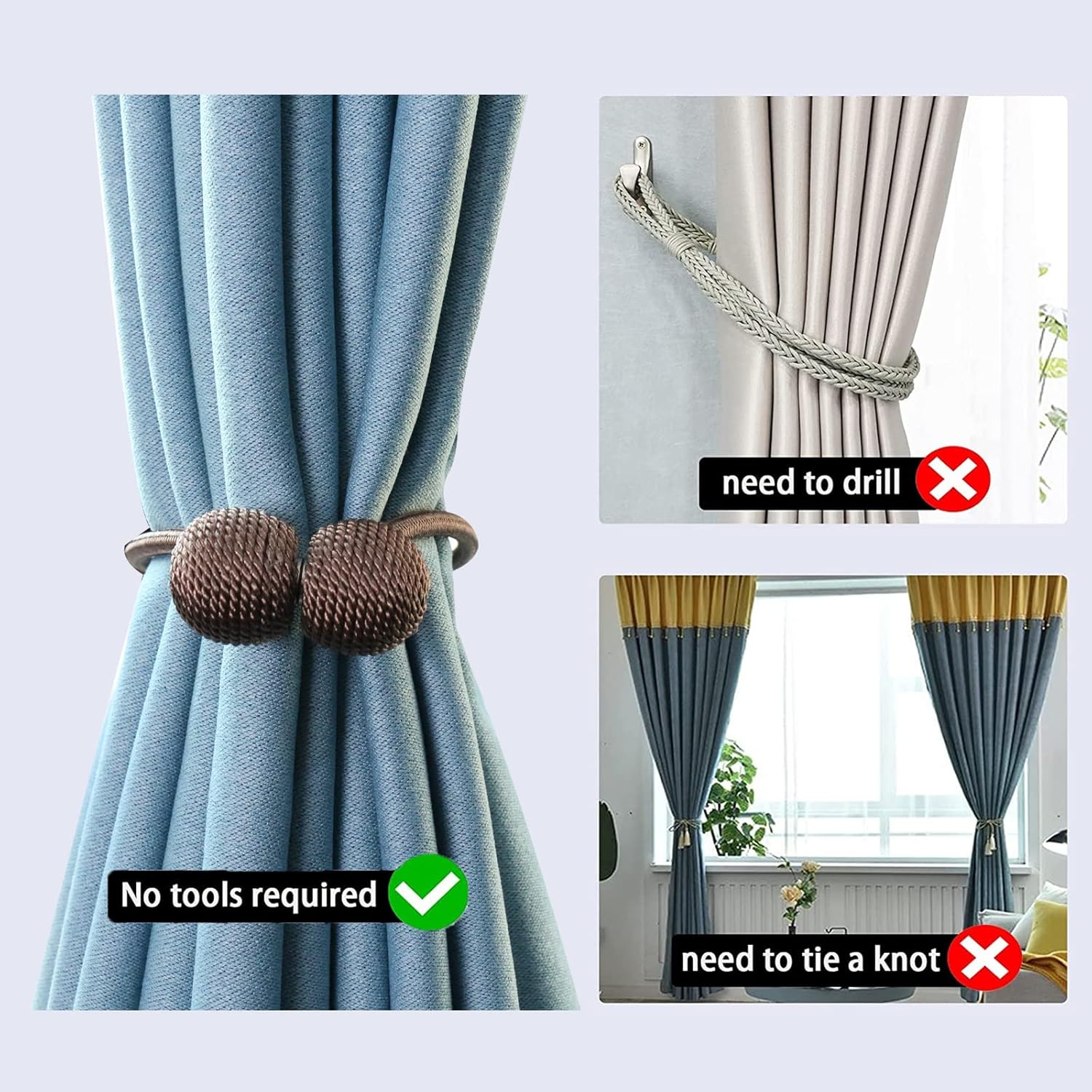 2 PCS Magnetic Curtain Holdbacks with Woven Rope - Brown