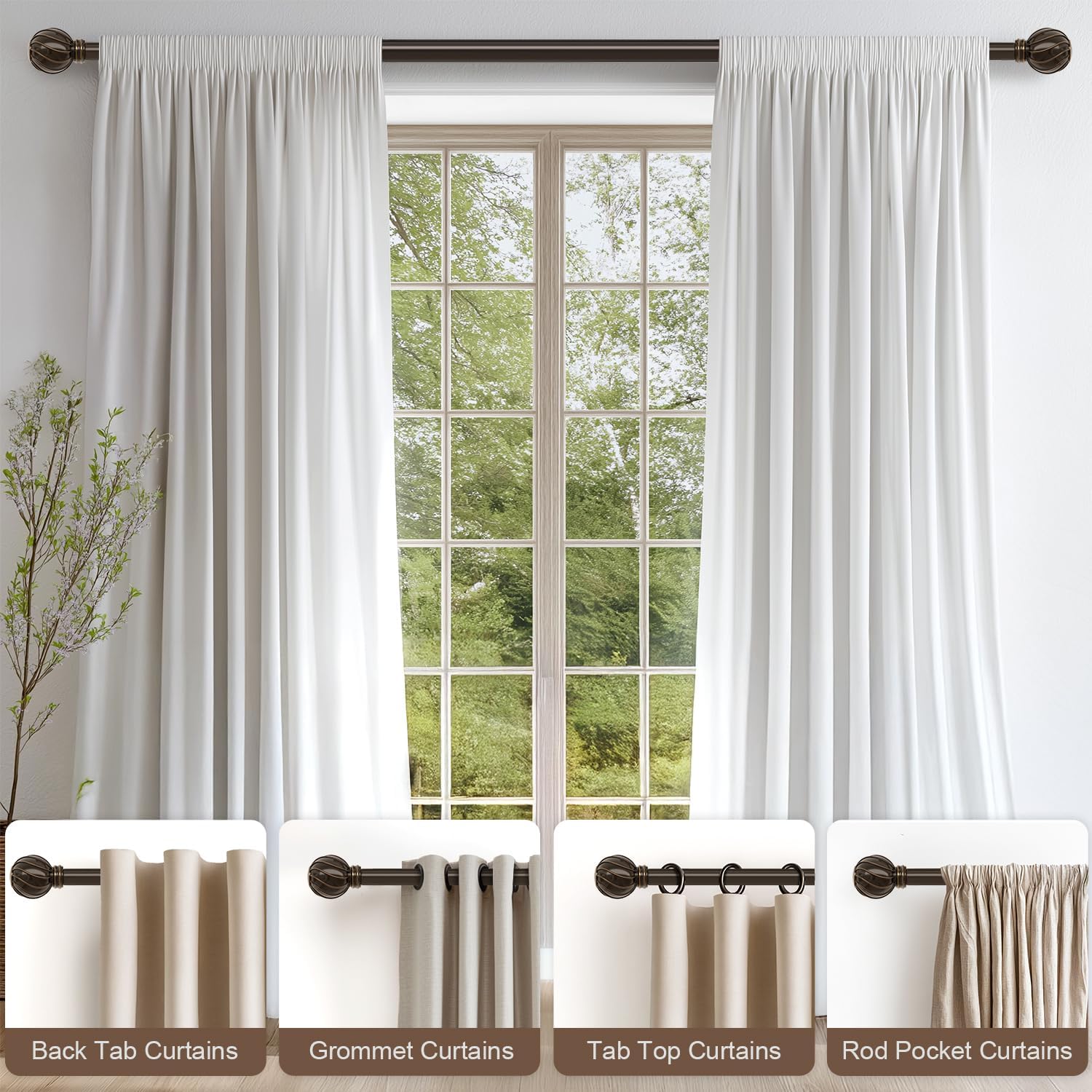 Brown Adjustable Window Curtain Rod with Decorative Finials