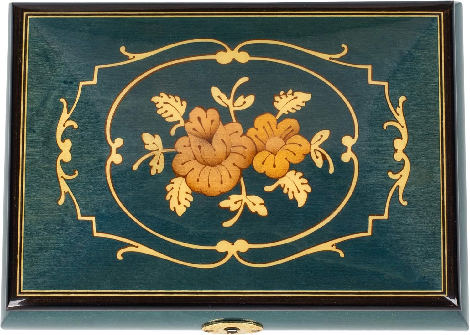 Flower Dark Blue Italian Inlaid Wood Music Box Swan Lake