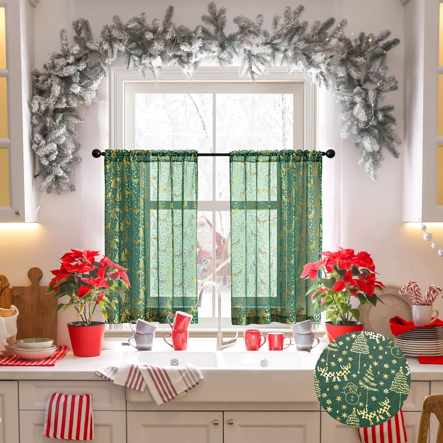 XTMYI Green Cafe Curtains Gold Glitter Window Treatment
