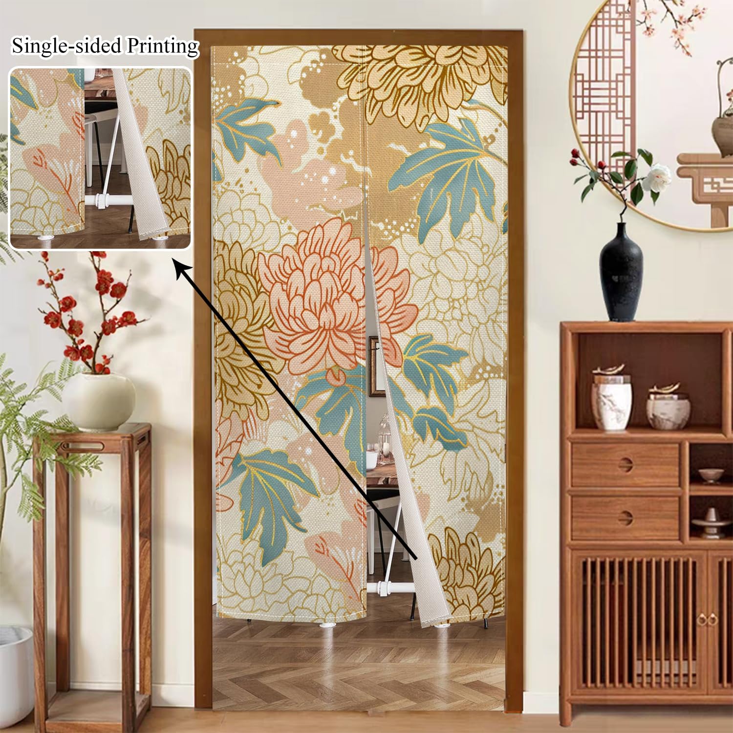 Boho Style Noren Japanese Door Curtain Panel with Flowers