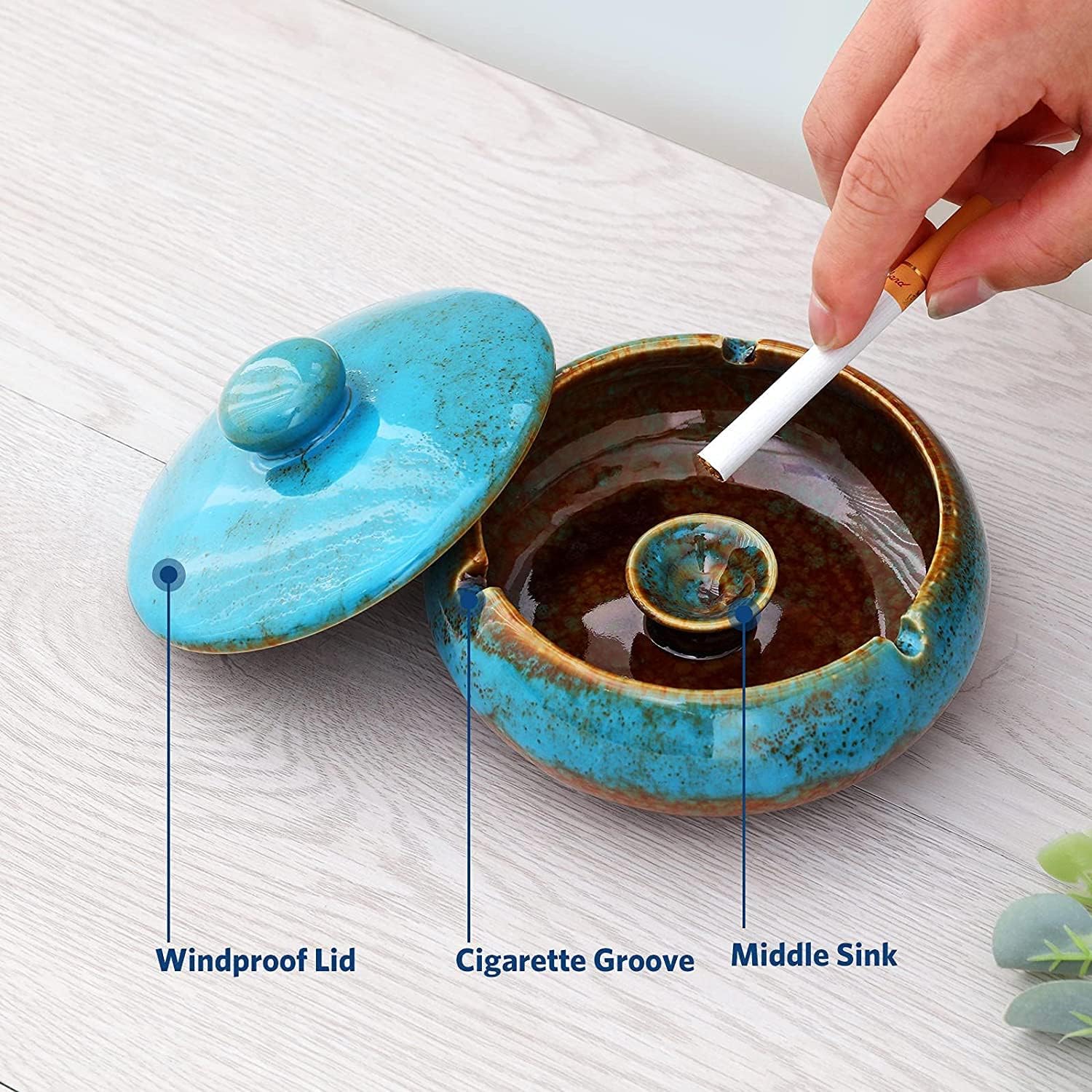 RONXS Ceramic Ashtray with Lid for Outdoor Use