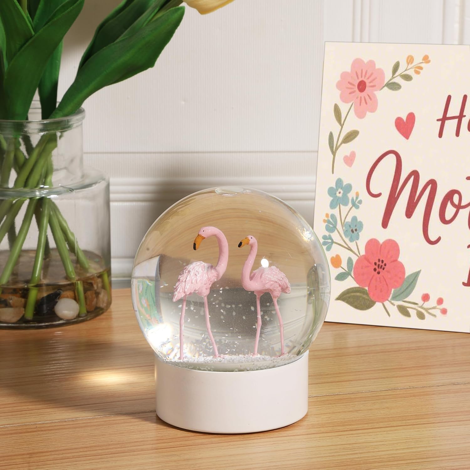 Pink Flamingo Snow Globe with White Base
