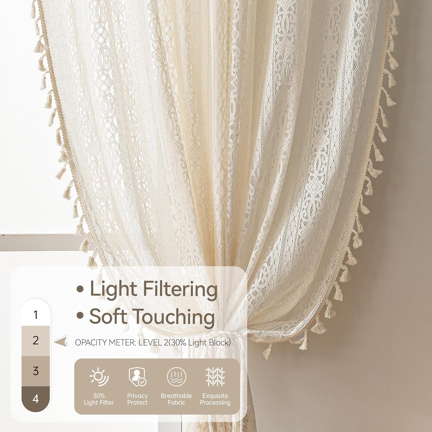 Boho Lace Curtains 96 Inch Long 2 Panel Set Beige