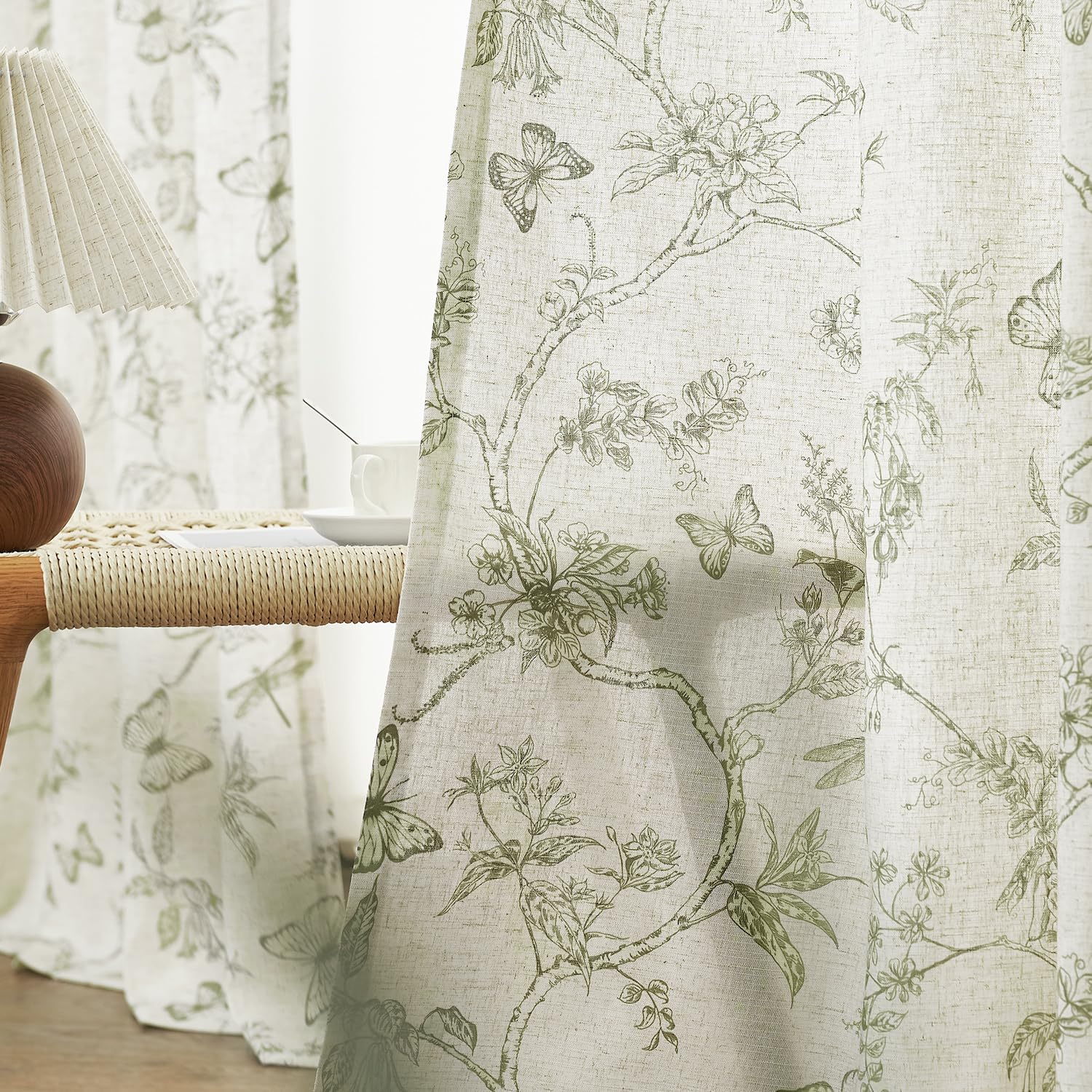 Lazzzy Linen Curtains Green Floral 2 Panels 63 Inch Grommet Top