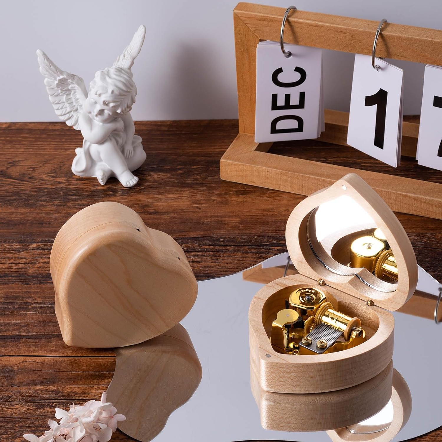 Heart Shape Wooden Music Box with Mirror Mechanism