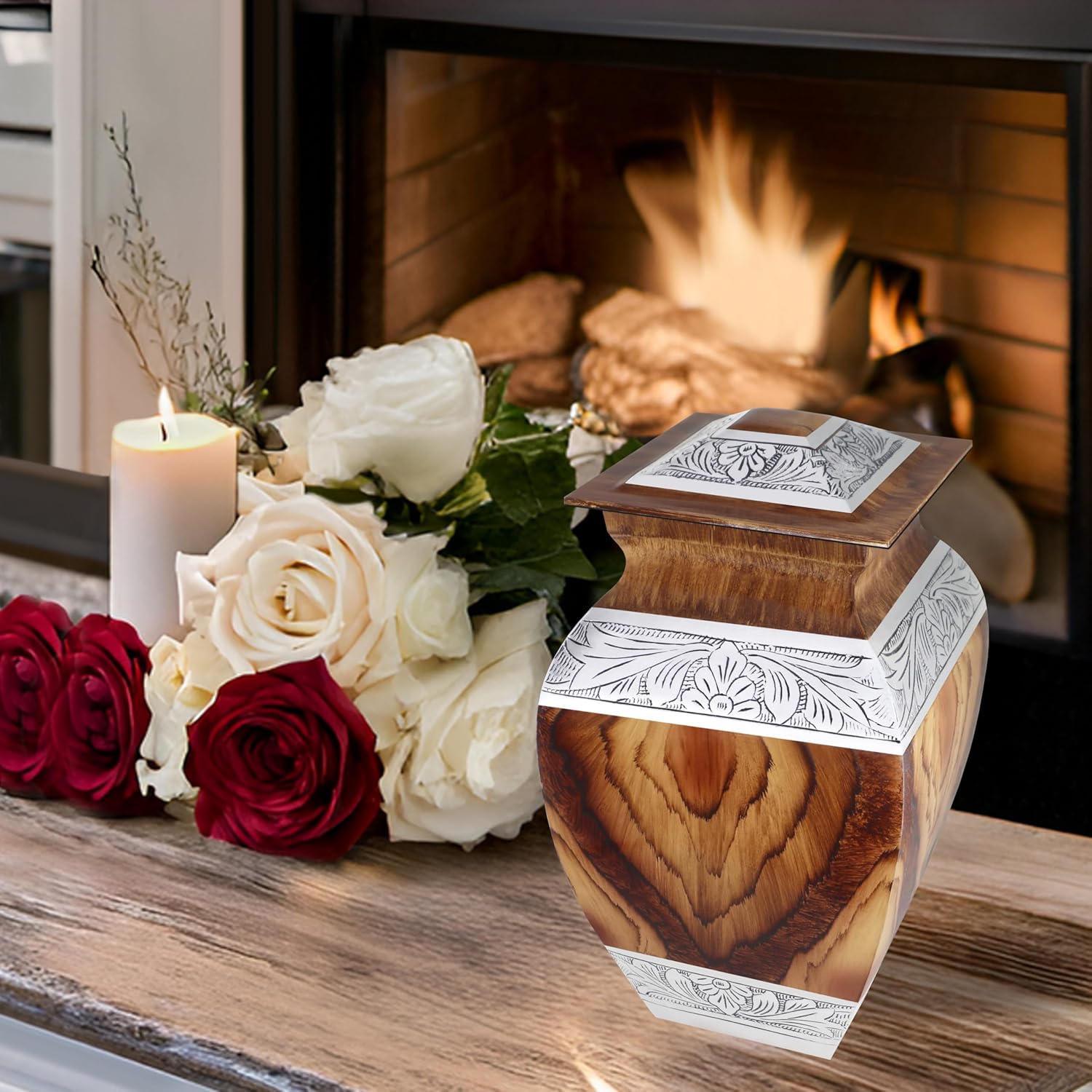 Naniurn Elegant Cremation Urn with Brown Wood Texture and Silver Engraving