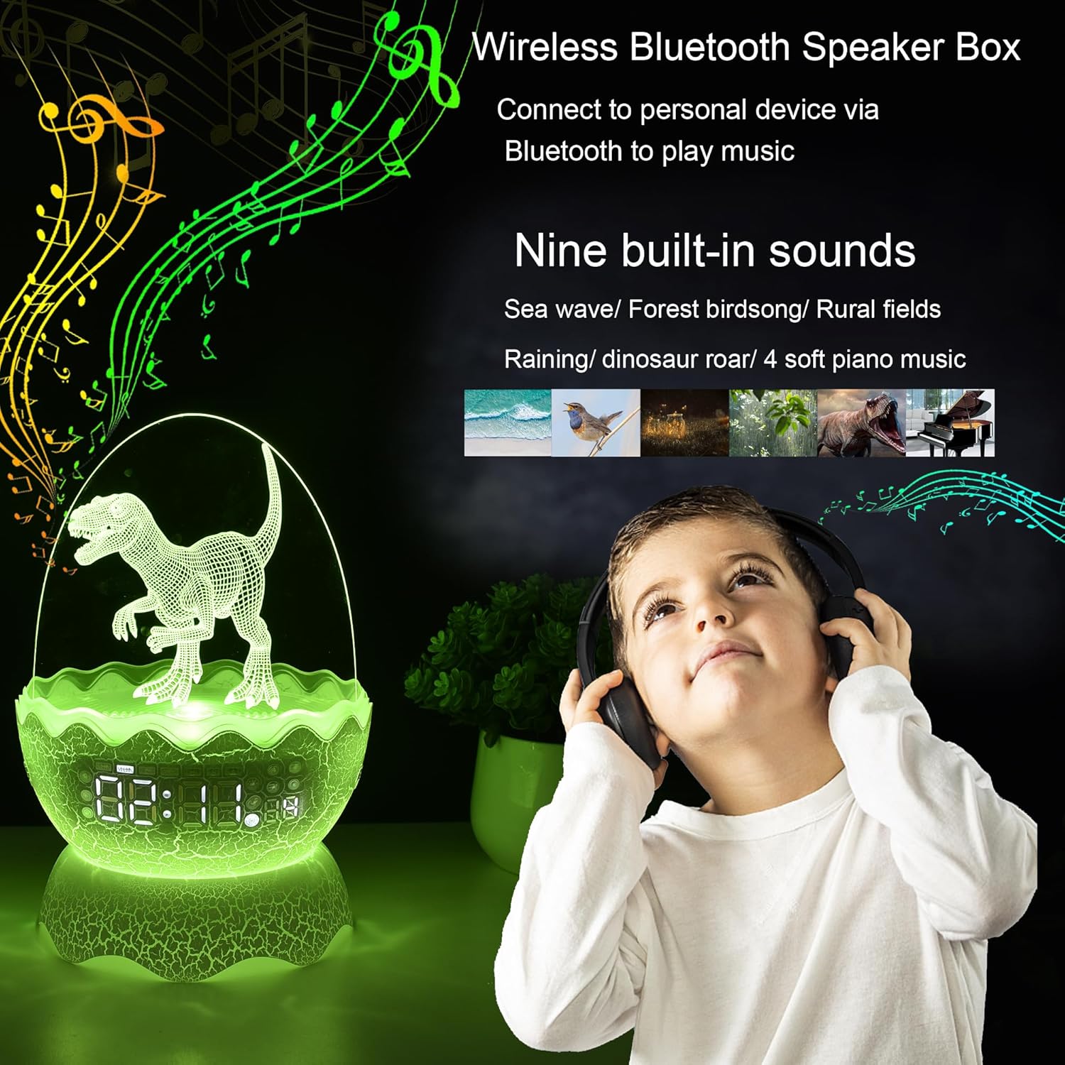 Dinosaur Night Light with Alarm Clock and Bluetooth Speaker