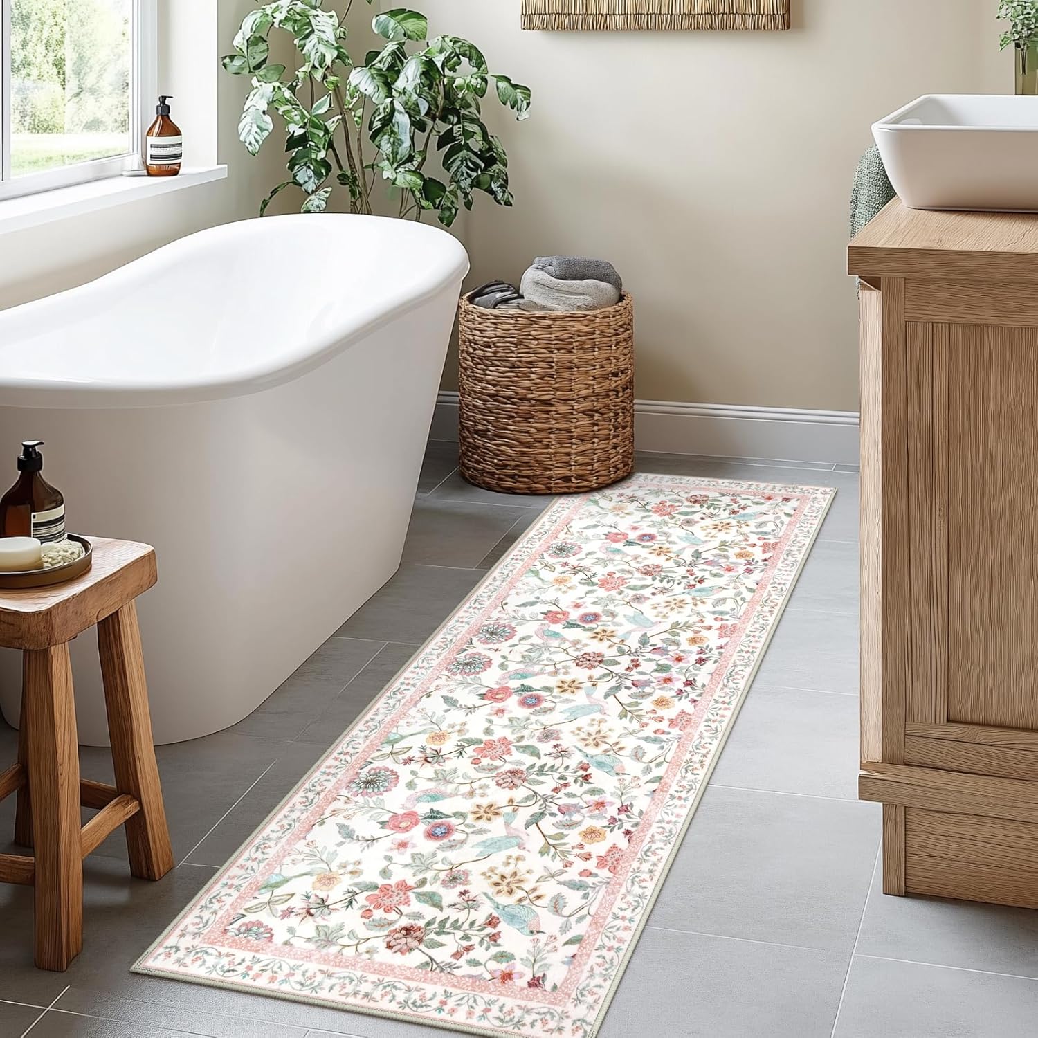 Floral Washable Runner Rug 2x6 Pink for Hallways and Entryways