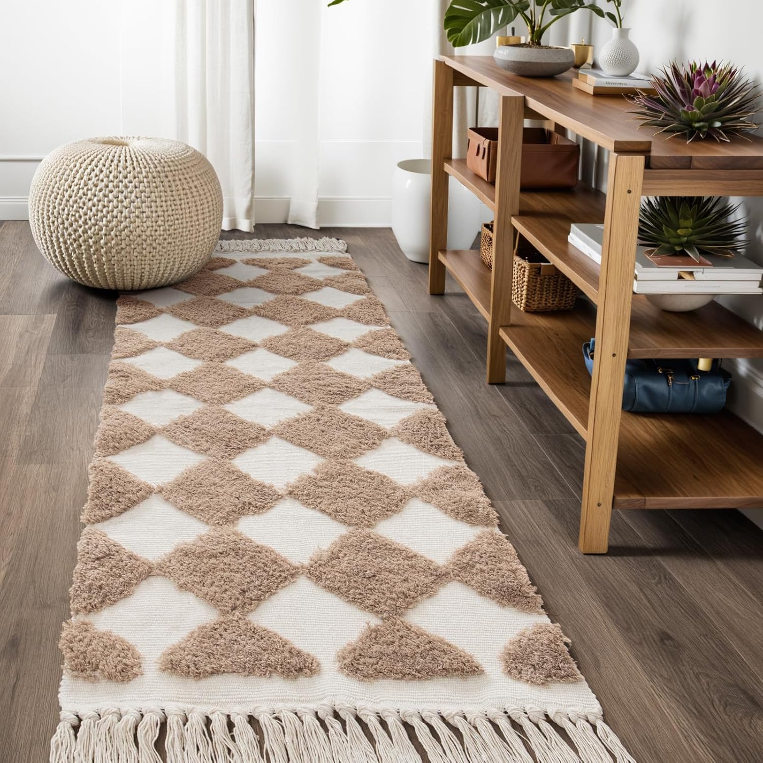 Lahome Checkered Boho Runner Rug 26x8 ft