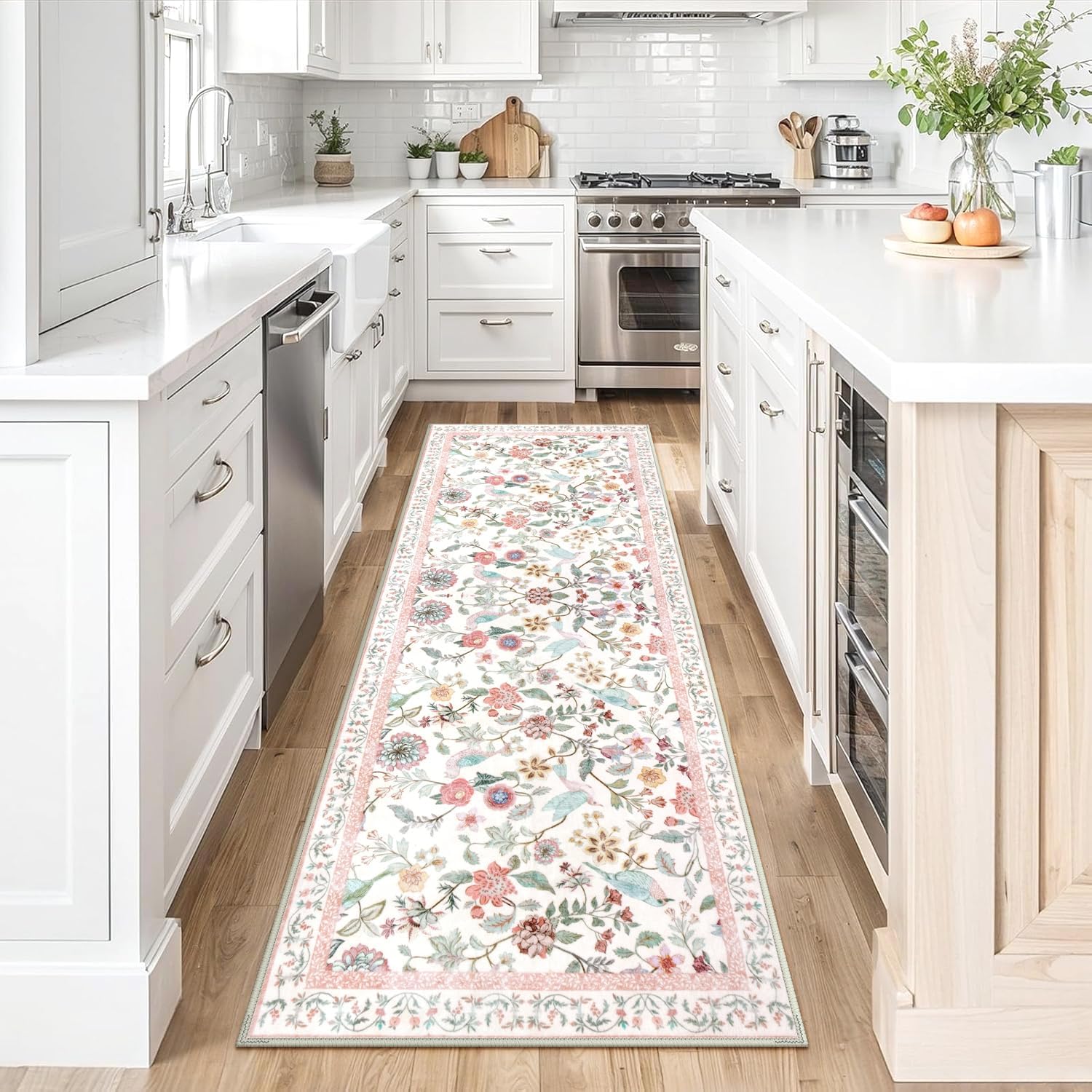 Floral Washable Runner Rug 2x6 Pink for Hallways and Entryways