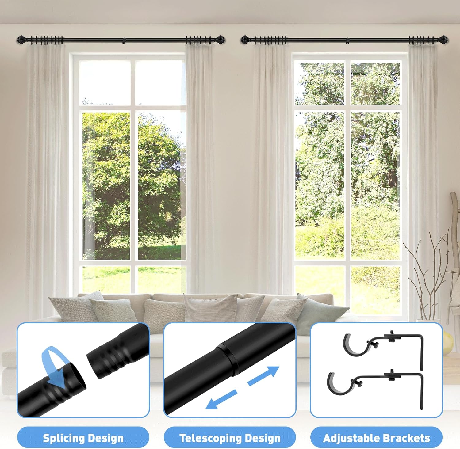 Black Curtain Rod with Lantern Ball Finials 30-45 Inch