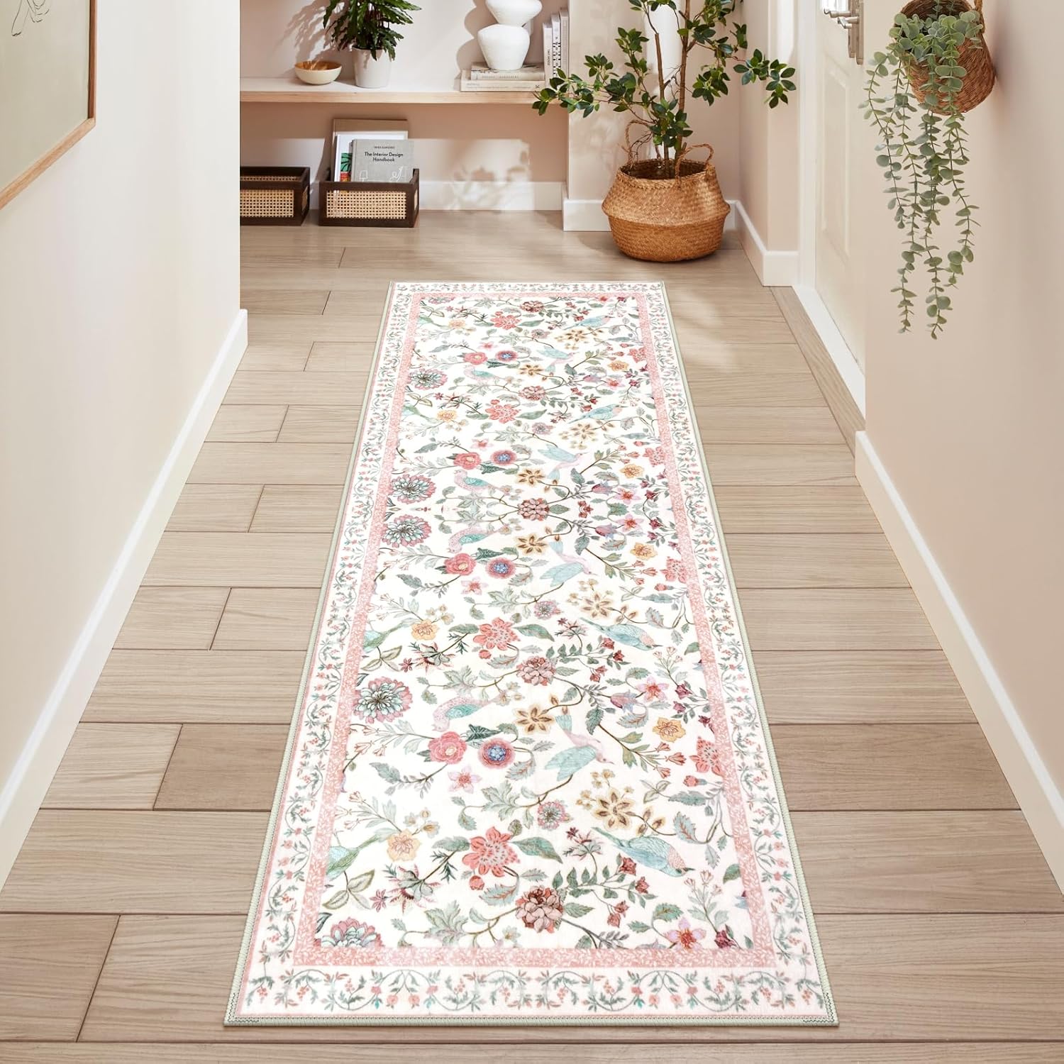 Floral Washable Runner Rug 2x6 Pink for Hallways and Entryways