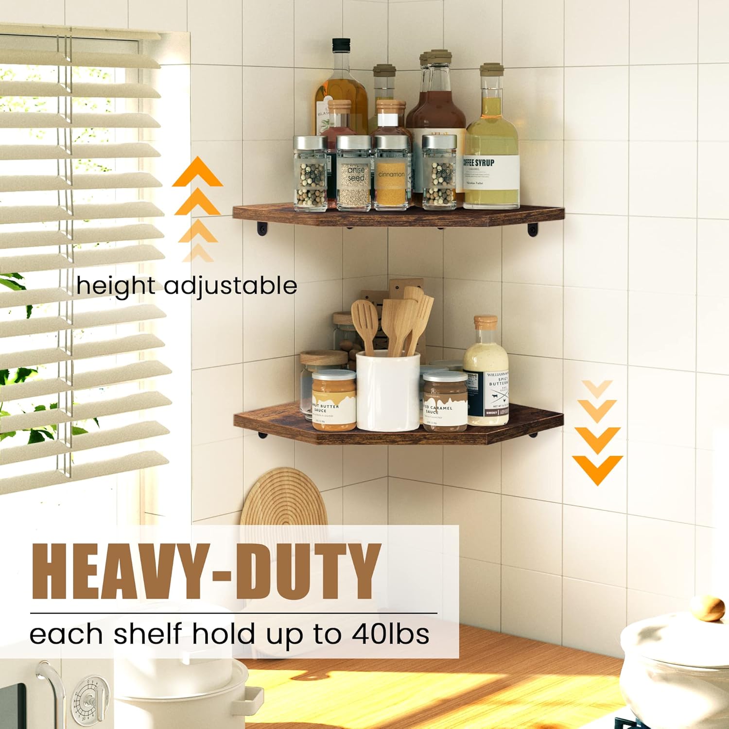Set of 2 Rustic Brown Corner Wall Shelves