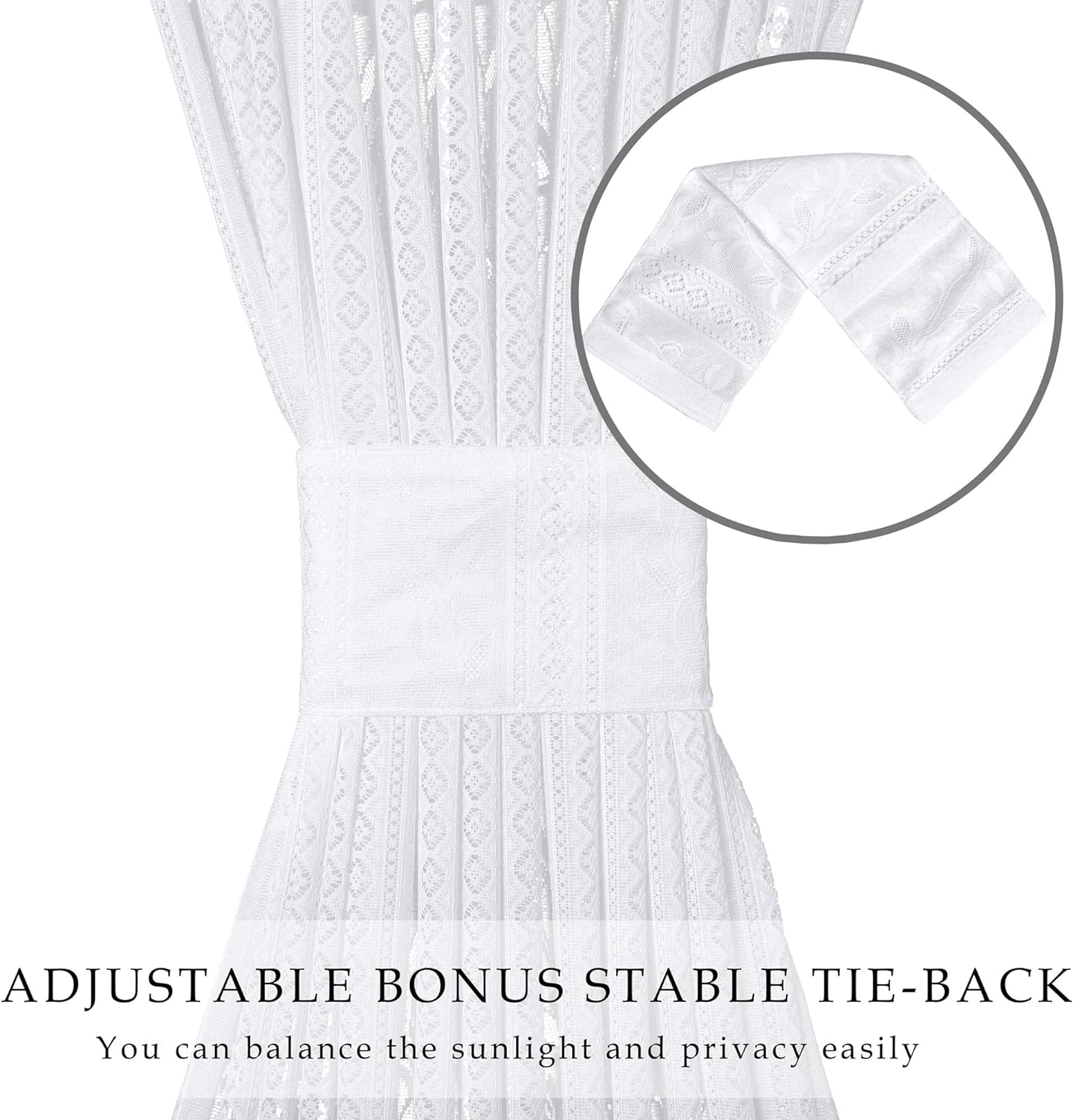 2 Pcs White Lace Boho Floral Curtains with Tie-backs