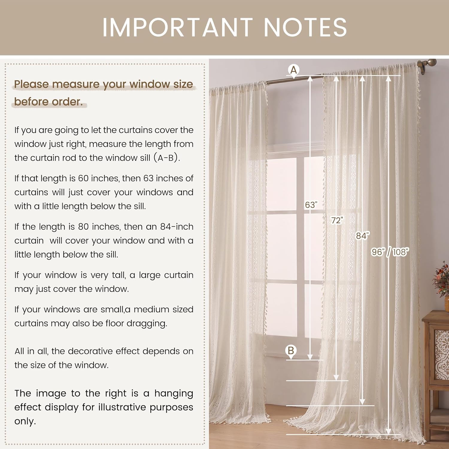 Boho Lace Curtains 96 Inch Long 2 Panel Set Beige