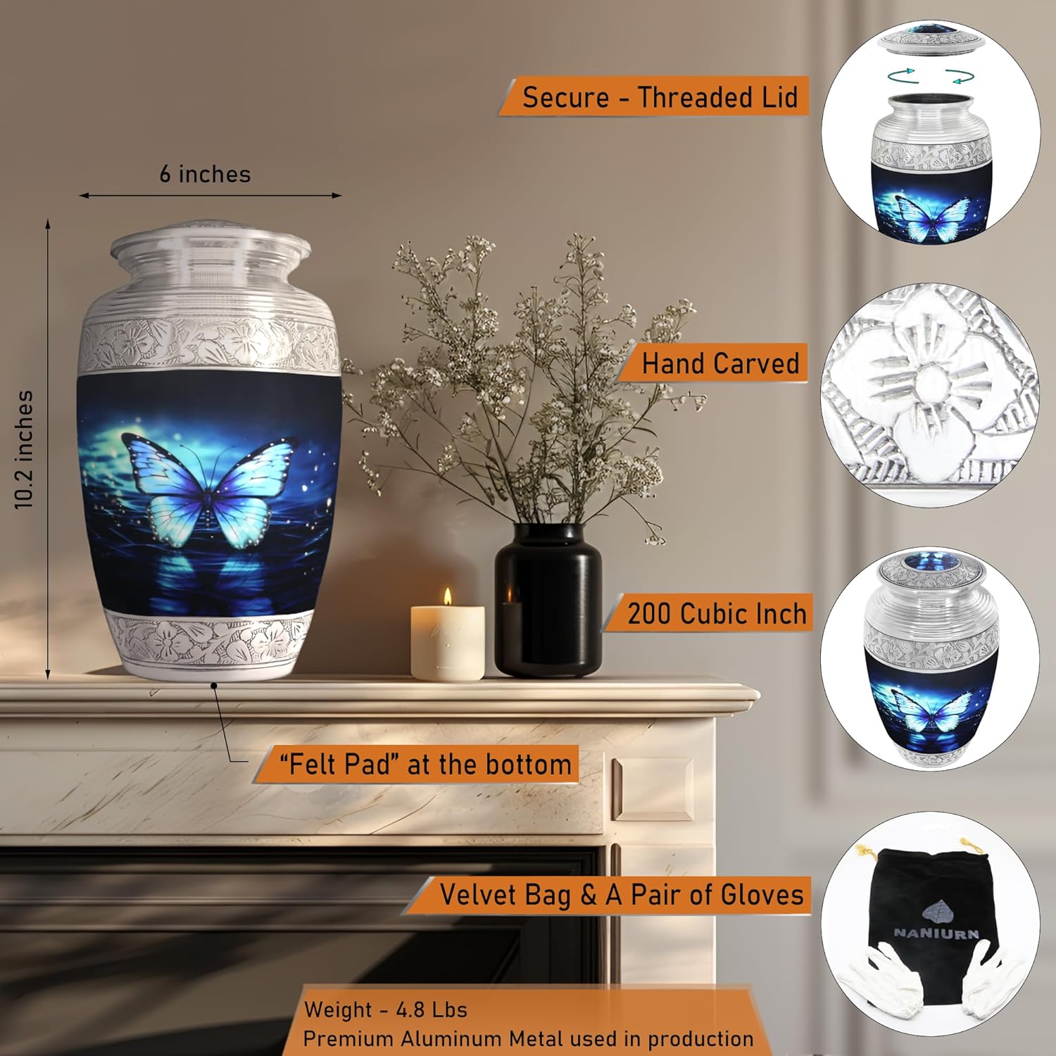 Naniurn Large Decorative Urn with Black and Blue Butterfly