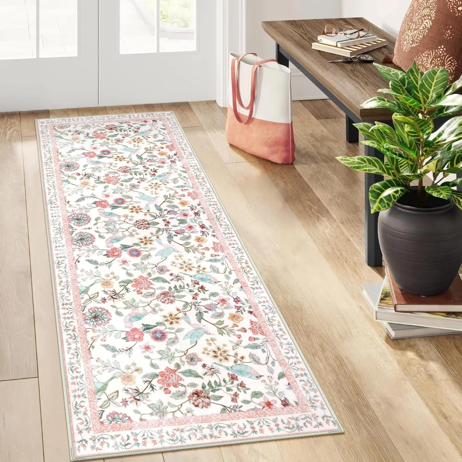 Floral Washable Runner Rug 2x6 Pink for Hallways and Entryways