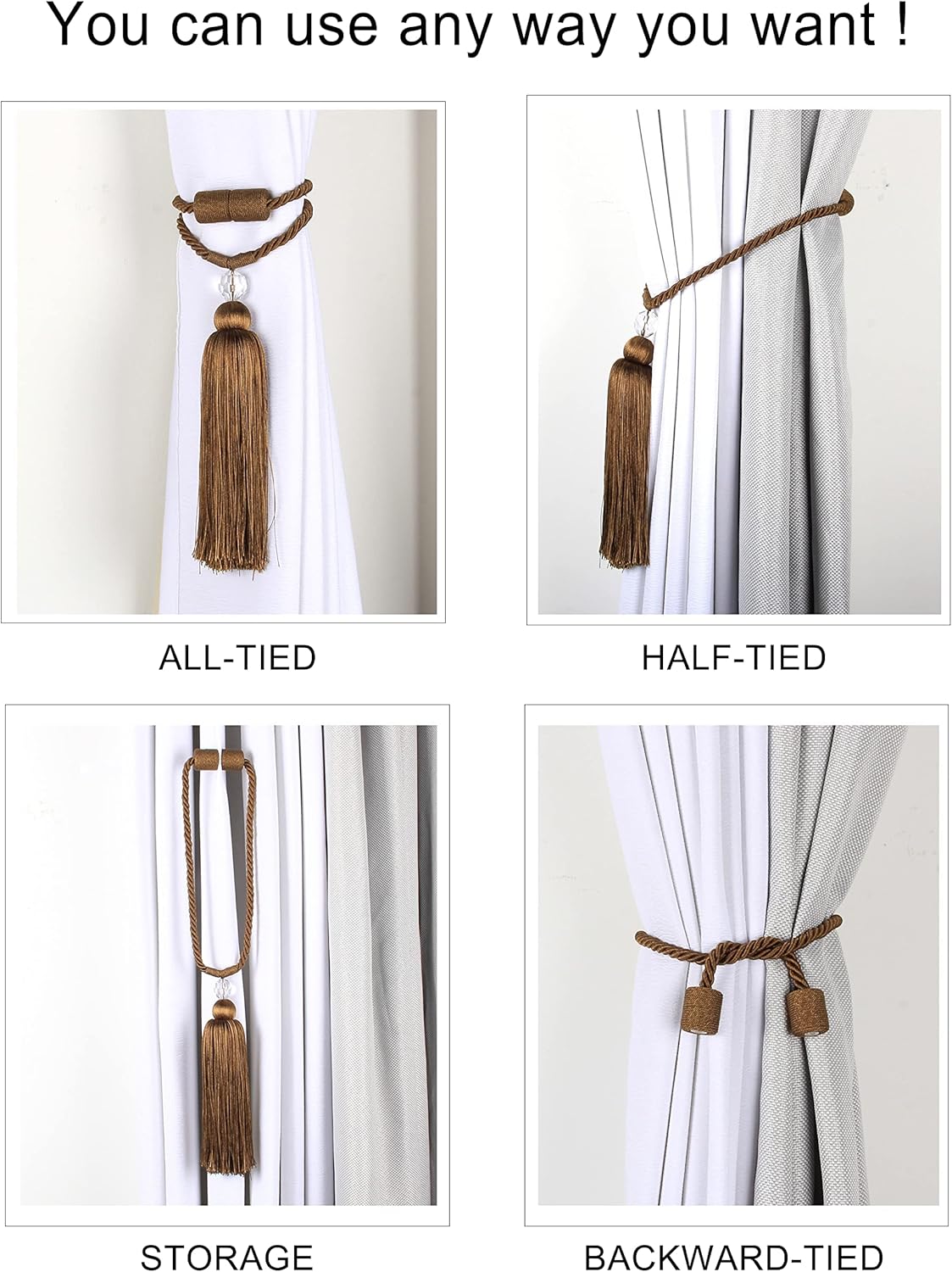 BEL AVENIR Magnetic Curtain Holdbacks Tassel Rope Coffee