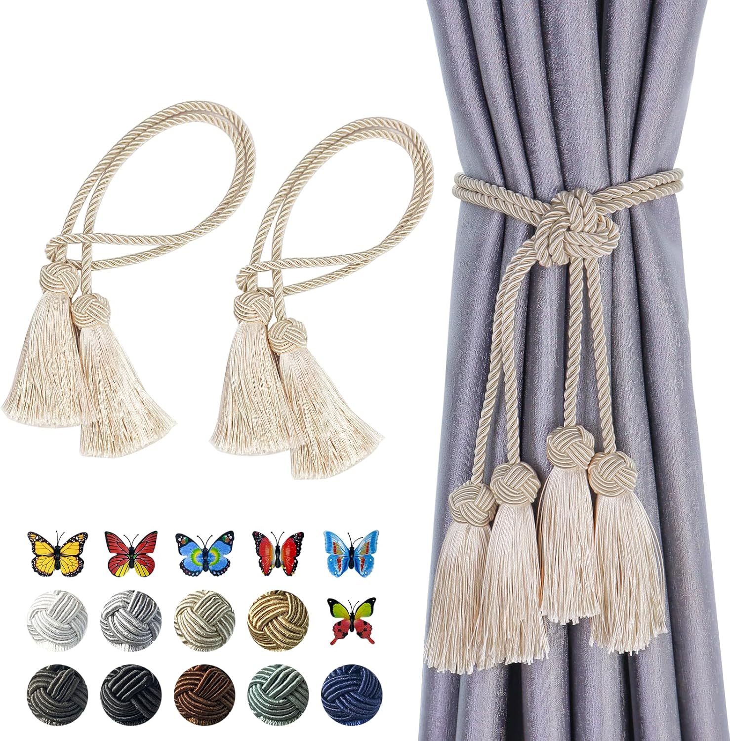 2 Pack Beige Curtain Tassel Tiebacks with Holdbacks
