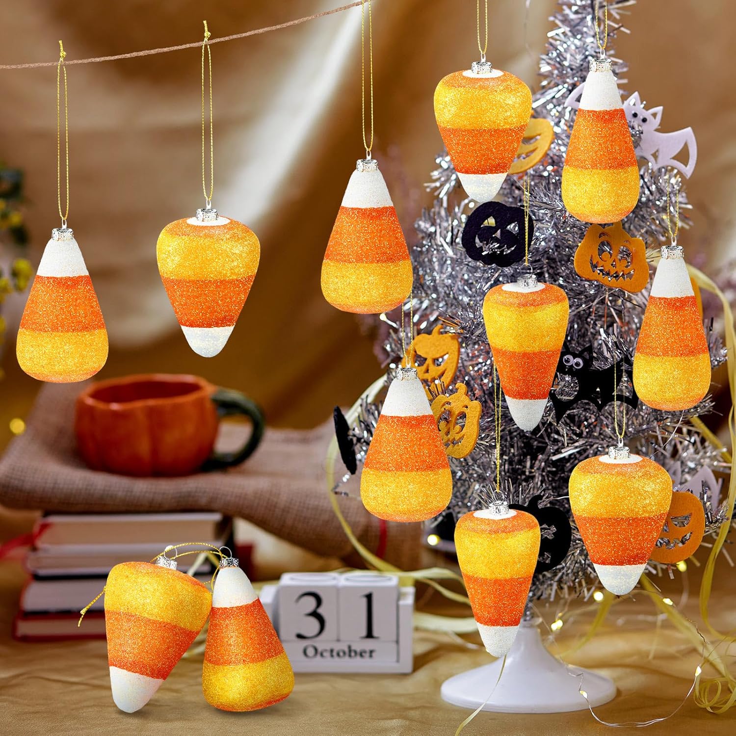12 Pcs Halloween 3D Glitter Candy Corn Hanging Ornaments