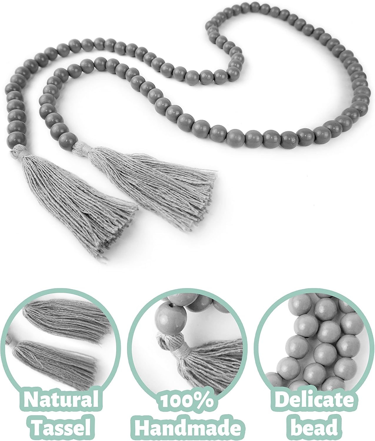 Wooden Beads Garland with Tassels 61 Inch Grey Wood Bead Garland