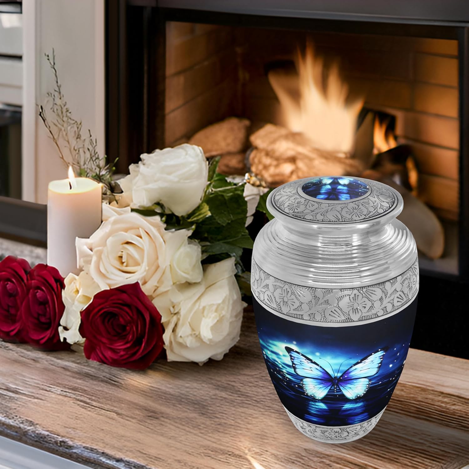 Naniurn Large Decorative Urn with Black and Blue Butterfly