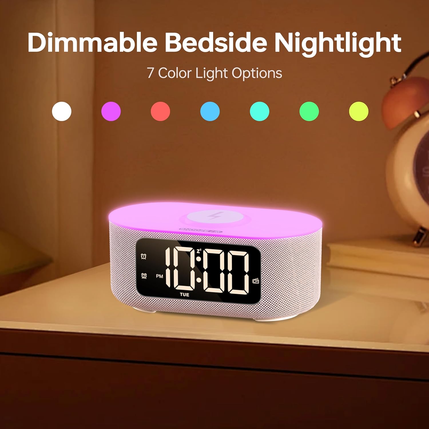 JALL Pink Fabric Alarm Clock with LED Display and Bluetooth Speaker