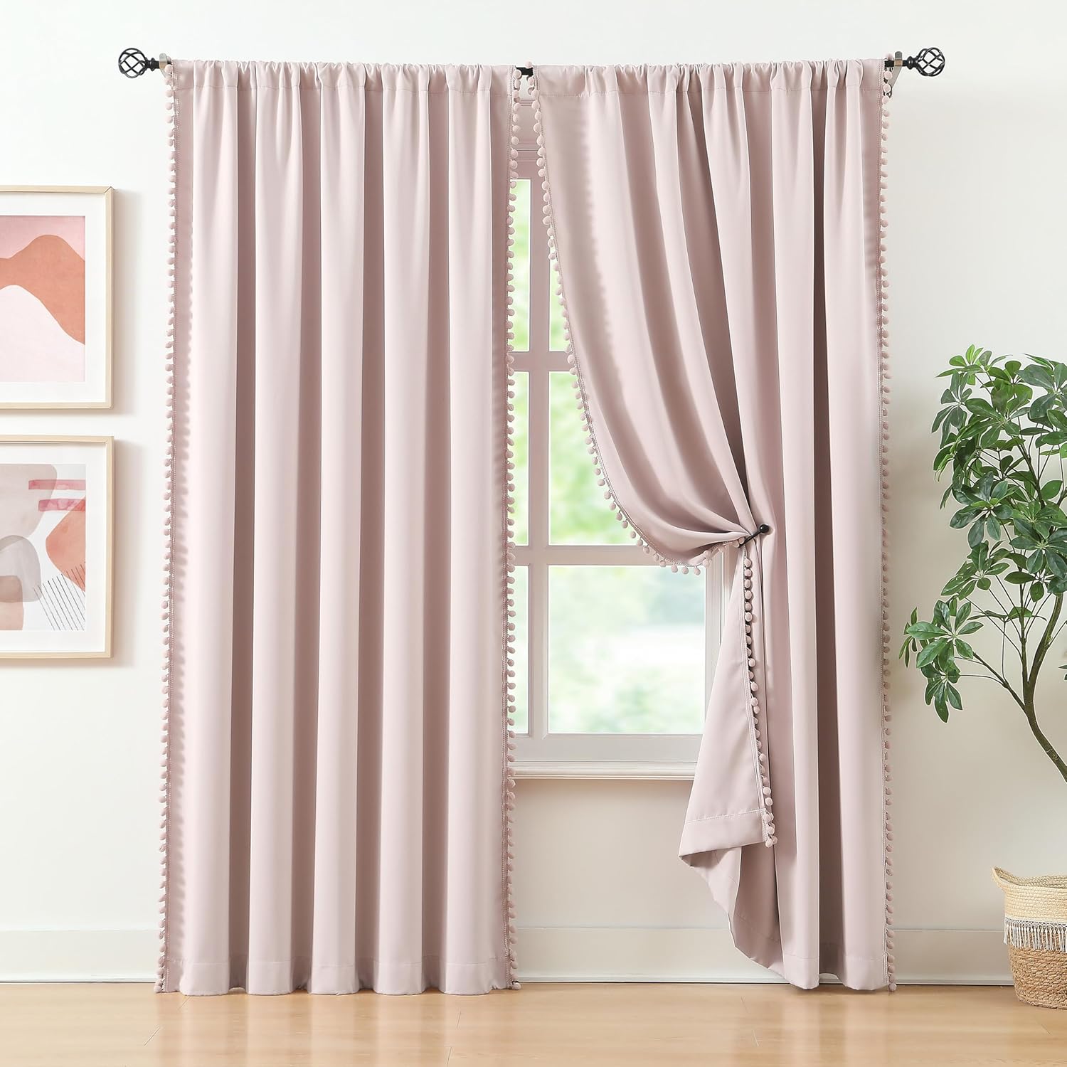 Treatmentex Pom-Pom Pink Half-Blackout Curtains 2 Panels Rod Pocket
