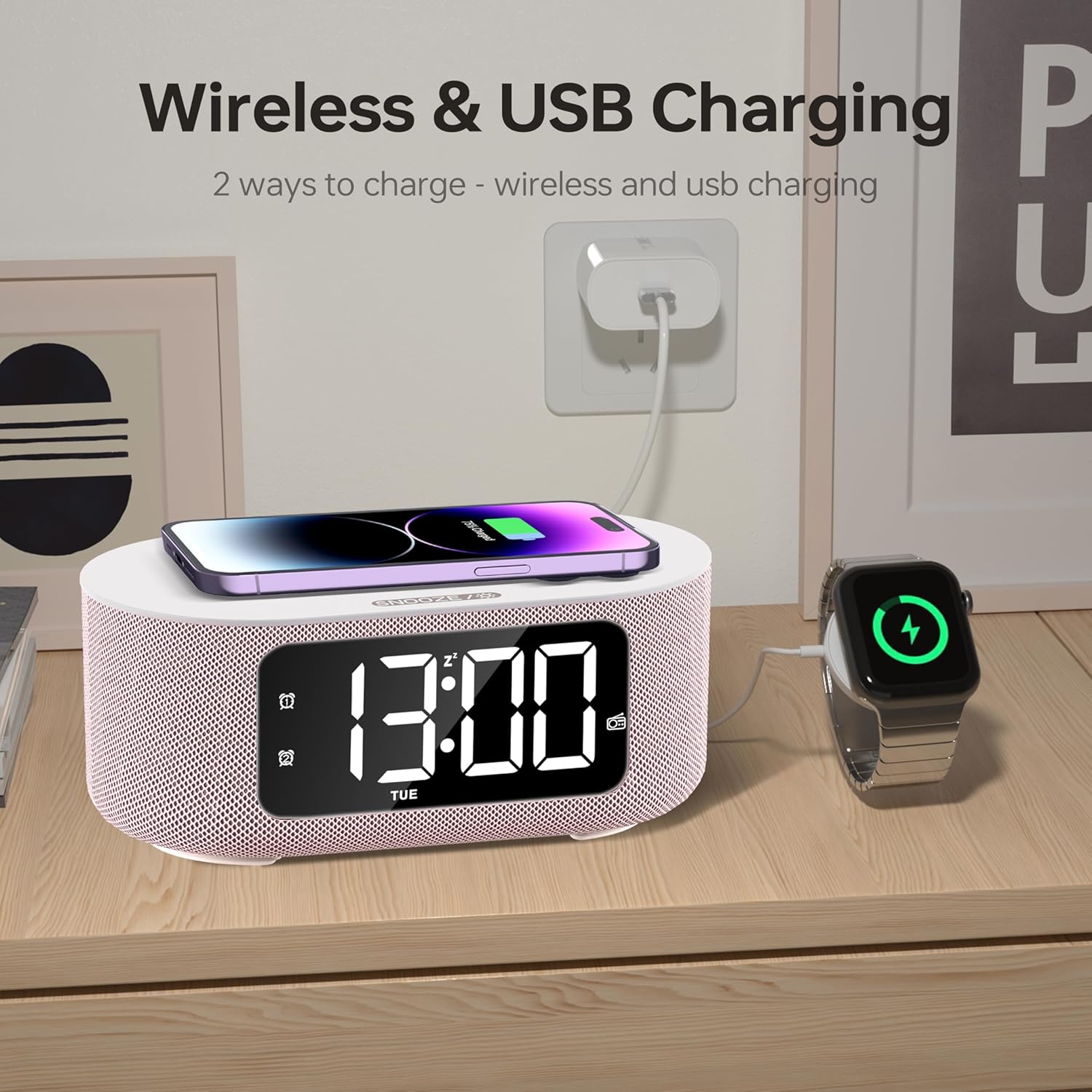 JALL Pink Fabric Alarm Clock with LED Display and Bluetooth Speaker