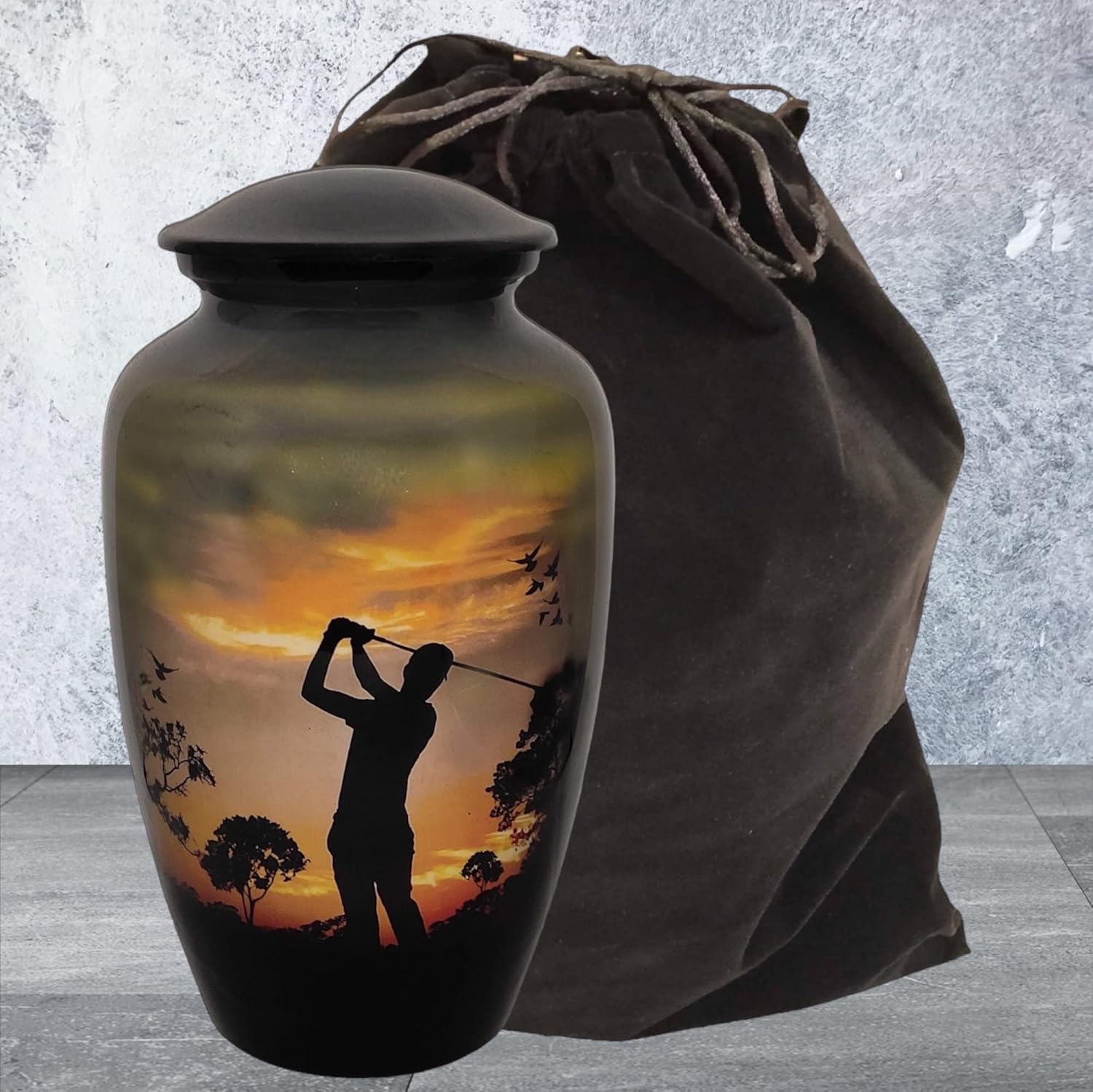 Cremation Urn with Golf Design Velvet Bag