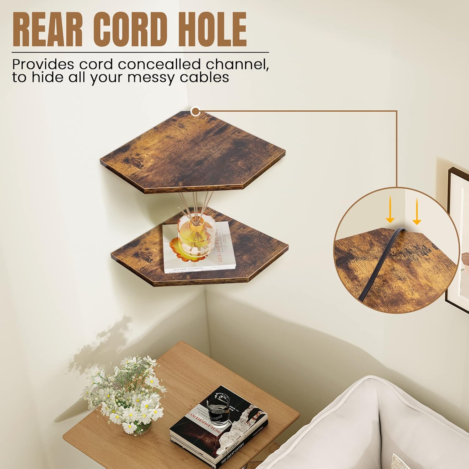 Set of 2 Rustic Brown Corner Wall Shelves