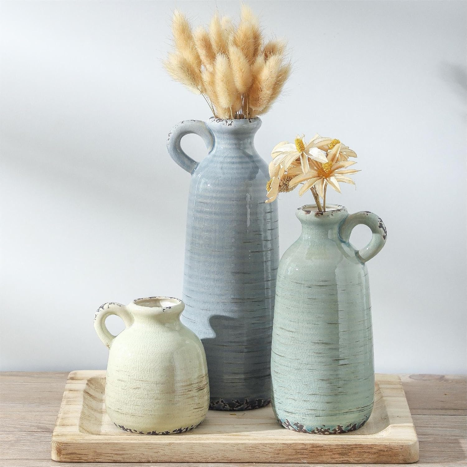Ceramic Vase Set of 3 Neutral Home Decor with Handle