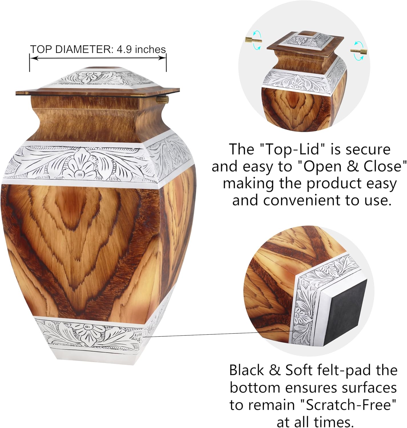 Naniurn Elegant Cremation Urn with Brown Wood Texture and Silver Engraving